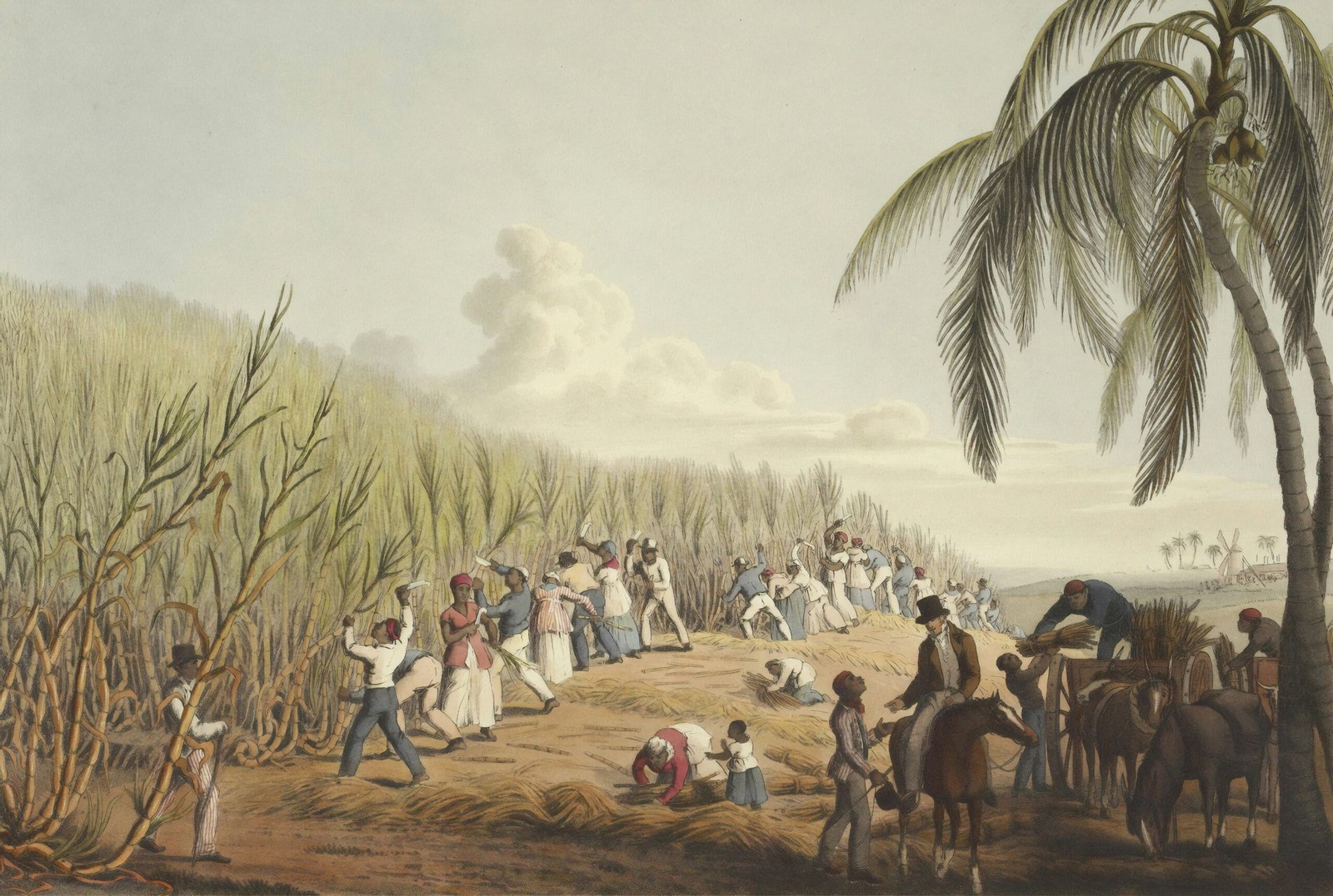 Representación histórica de la esclavitud en América, con esclavizados trabajando en una plantación de caña de azúcar.