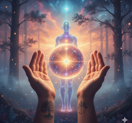 manos sosteniendo una esfera de energía brillante con figura humana luminosa y chakras en bosque místico, concepto de sanación energética y energía universal