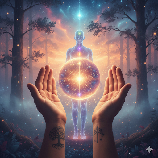 manos sosteniendo una esfera de energía brillante con figura humana luminosa y chakras en bosque místico, concepto de sanación energética y energía universal